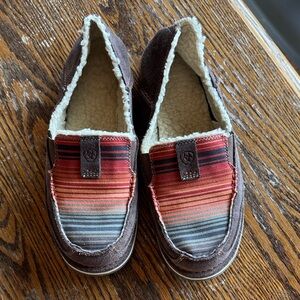 Ariat Women’s Brown Slip-On Slippers with Red and Orange Striped Upper